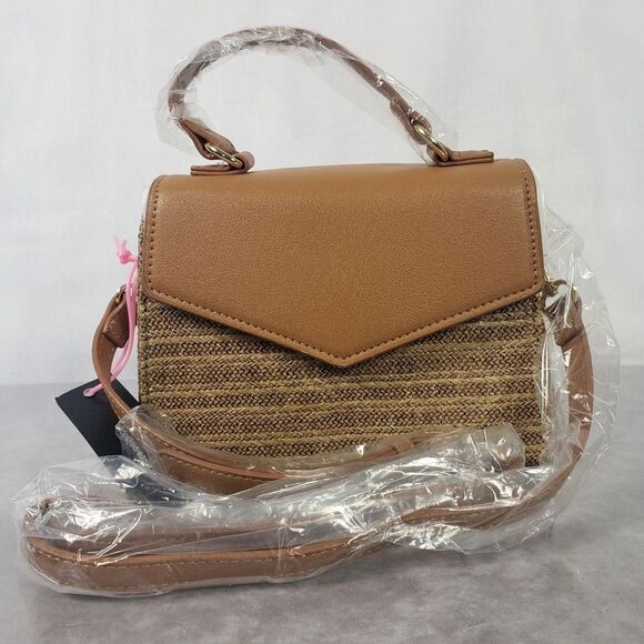 Woven Straw Crossbody Handbag Womens Tan Brown Top Handle Flap Mini Purse Raffia - Picture 1 of 10